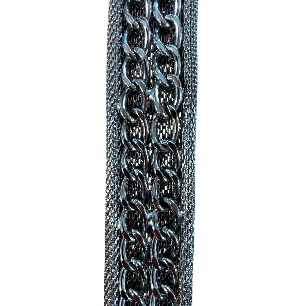 Vintage Silver Mesh Belt Double Chain Link Overlay Metallic Punk Y2K 39 Inch